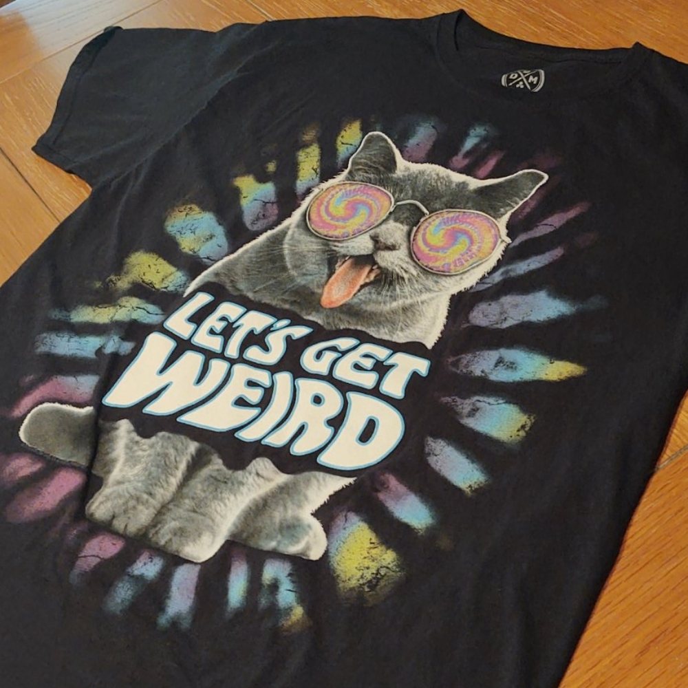 "Let's Get Weird" Cat Graphic ODM Black T-Shirt Lg